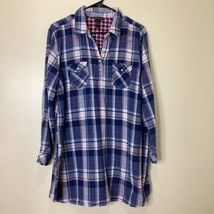 Bit & Bridle Women’s Blue White & Red Contrast Plaid Roll Tab Sleeve Tunic Top L